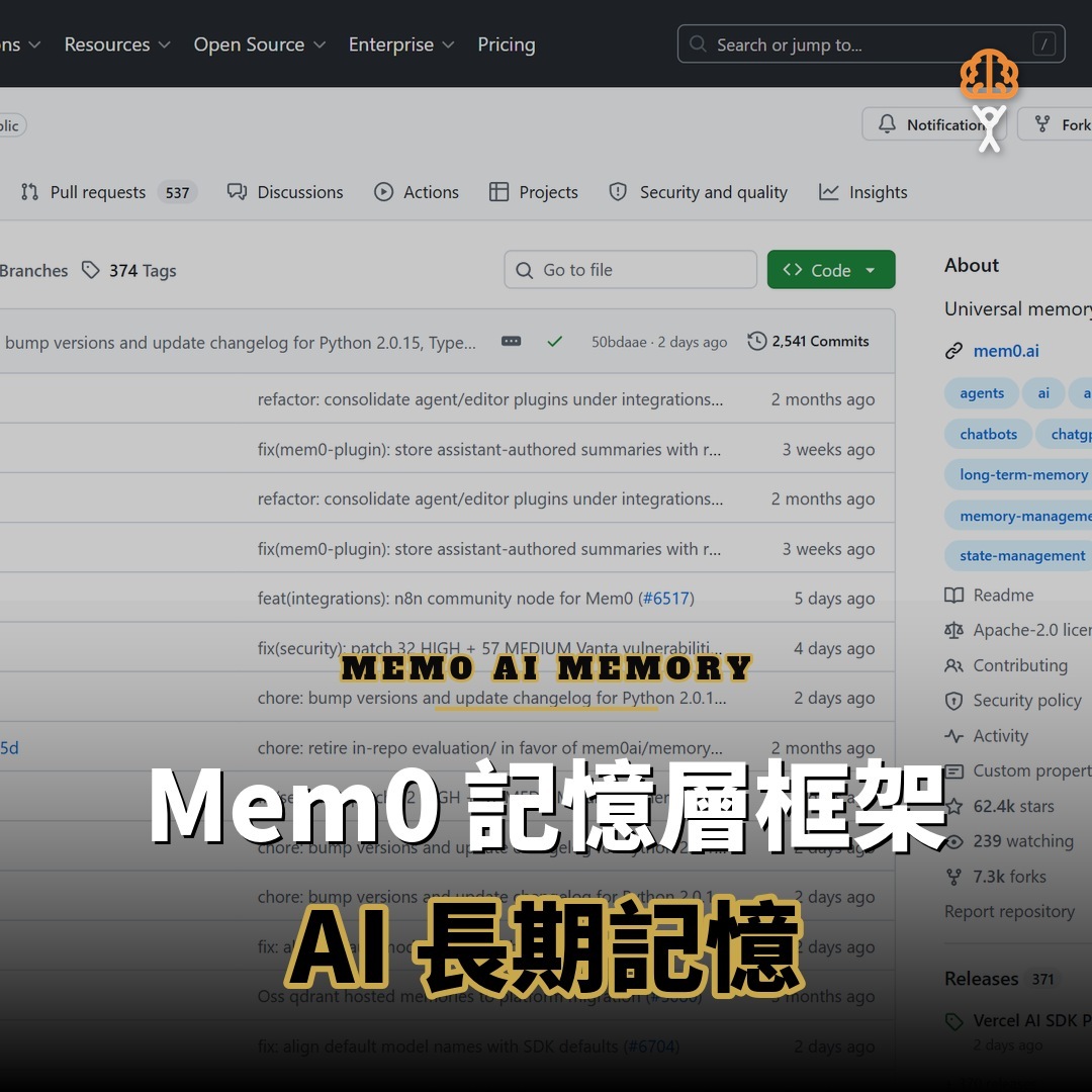 開源專案 Mem0 獲 6.2 萬星標：為 AI Agent 建立長期記憶層
