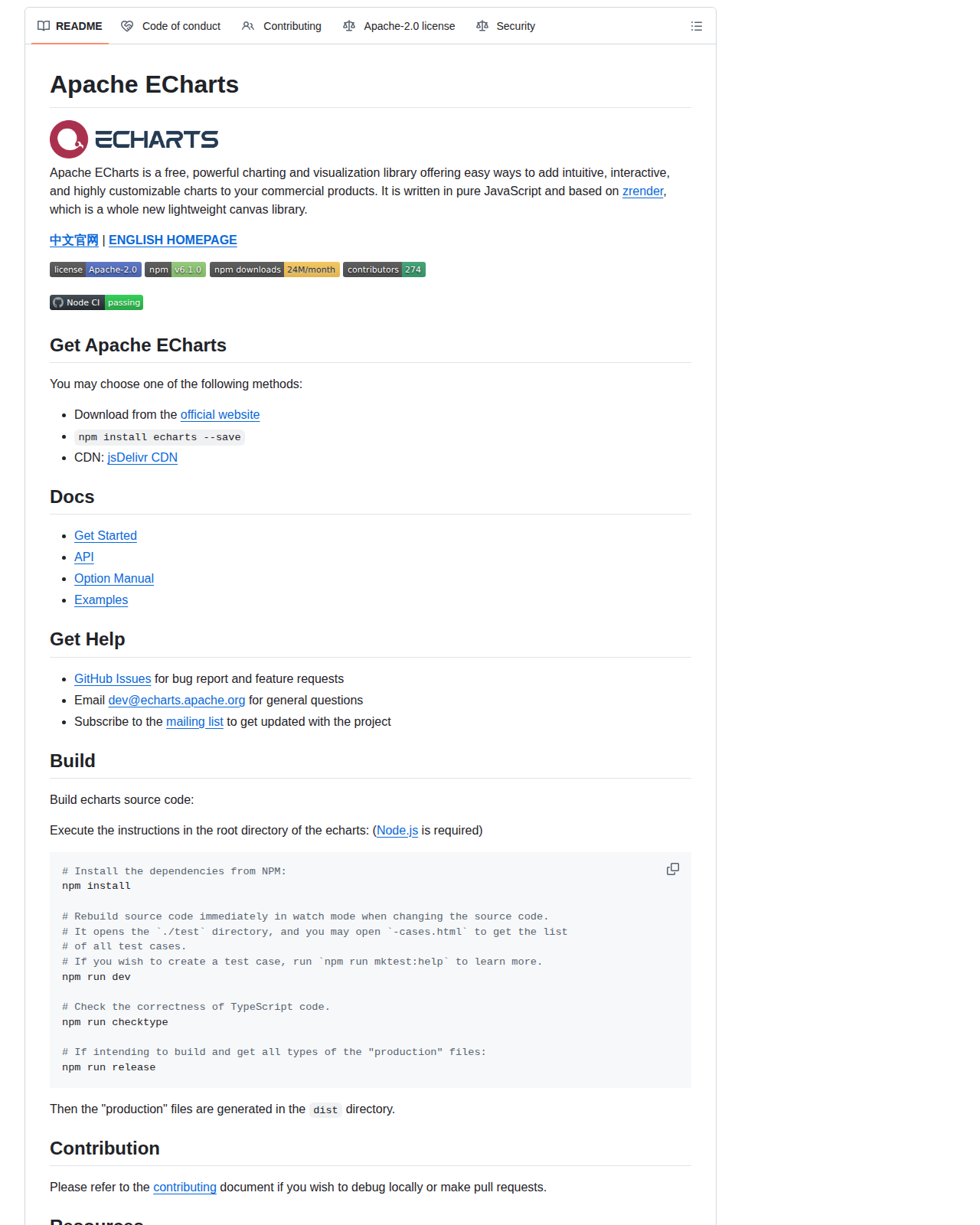 Apache ECharts 的 GitHub 儲存庫 README 開頭,顯示專案標誌、Apache-2.0 授權與安全性標章,以及「Apache ECharts is a free, powerful charting and visualization library」的定位說明