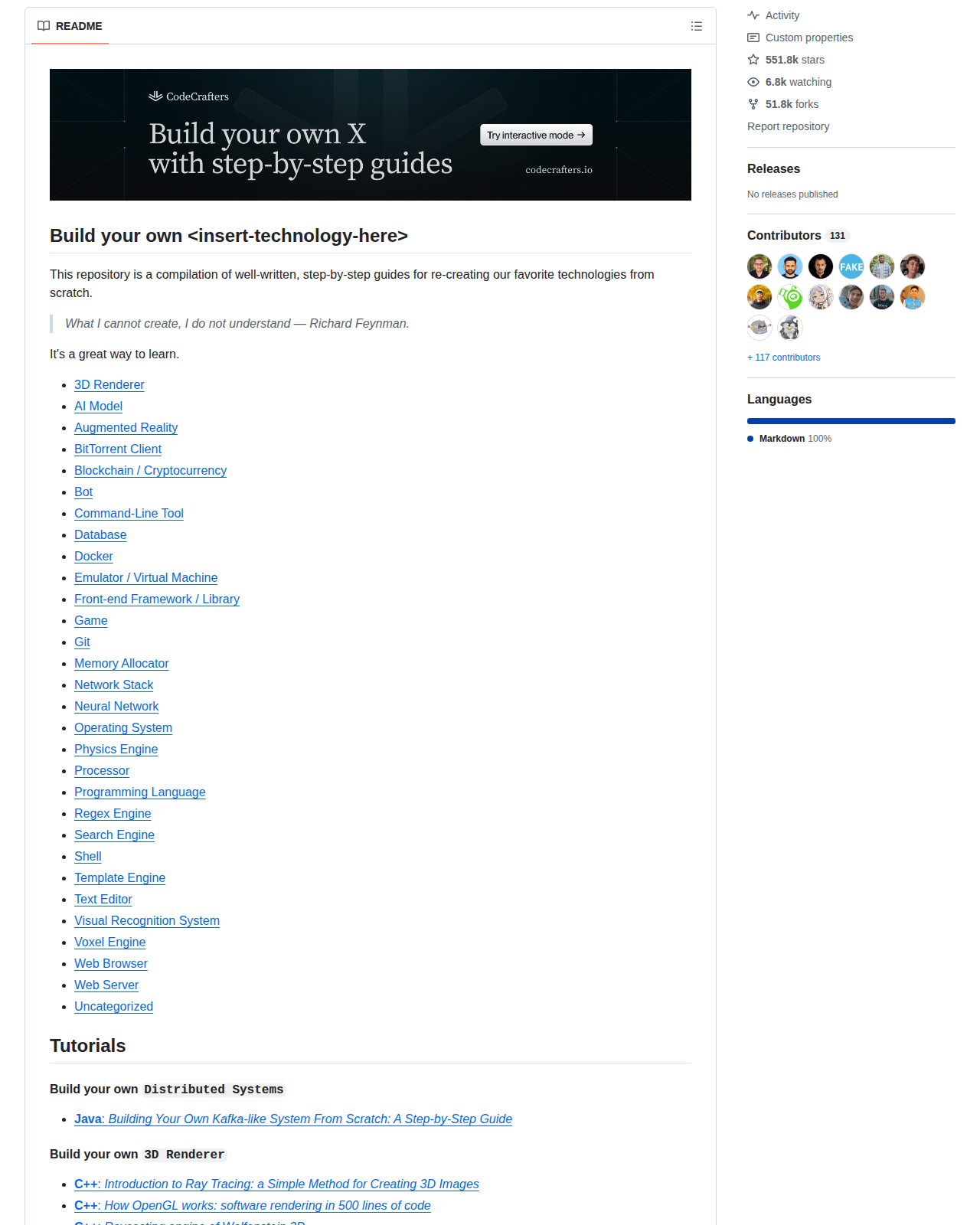 build-your-own-x README 開頭，顯示標題「Build your own insert-technology-here」、費曼引言，以及三十個主題分類的目錄清單