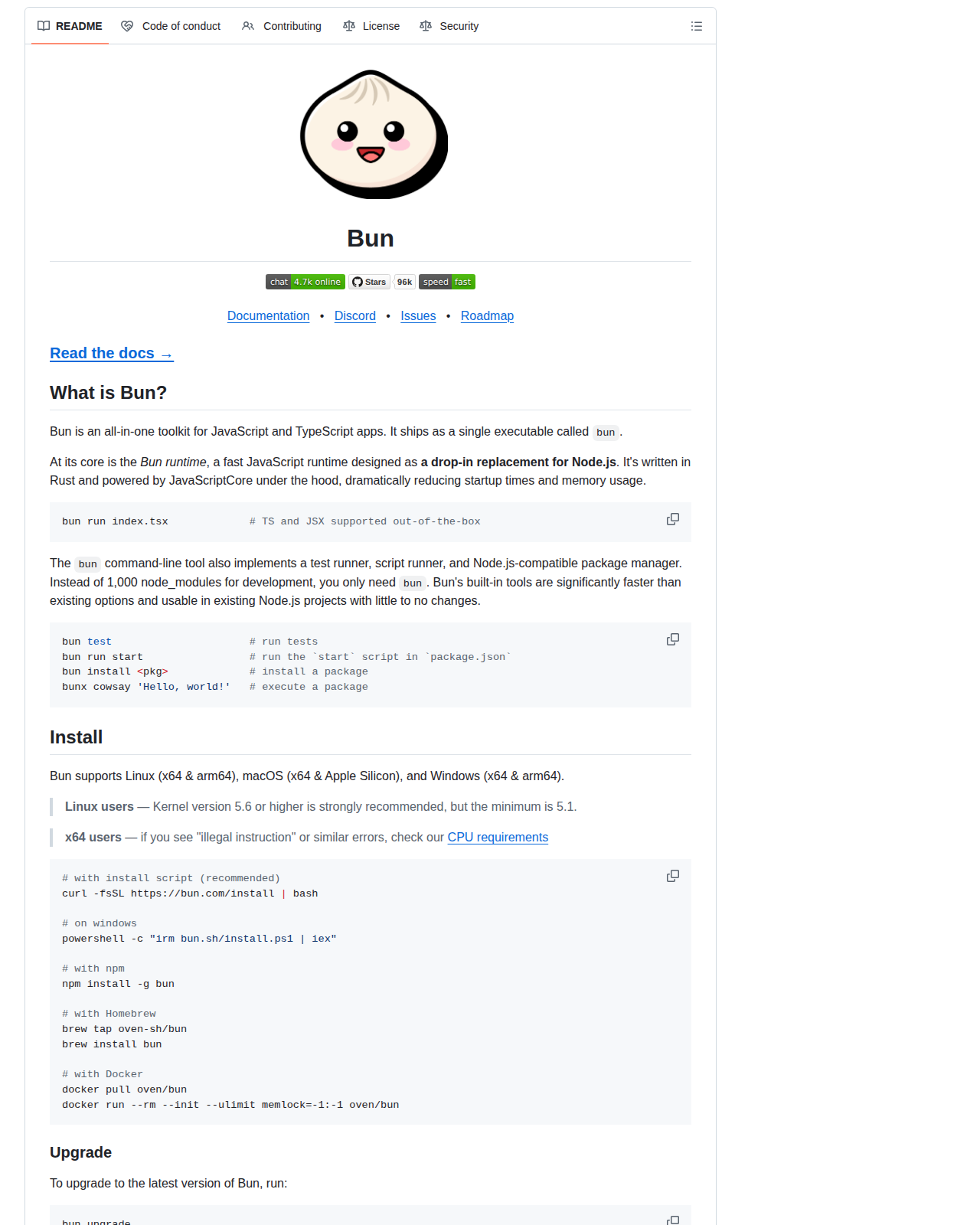 Bun 的 GitHub 儲存庫 README 開頭,顯示 Bun 標誌、`bun` 安裝指令,以及「Bun is an all-in-one toolkit for JavaScript and TypeScript apps」的定位說明
