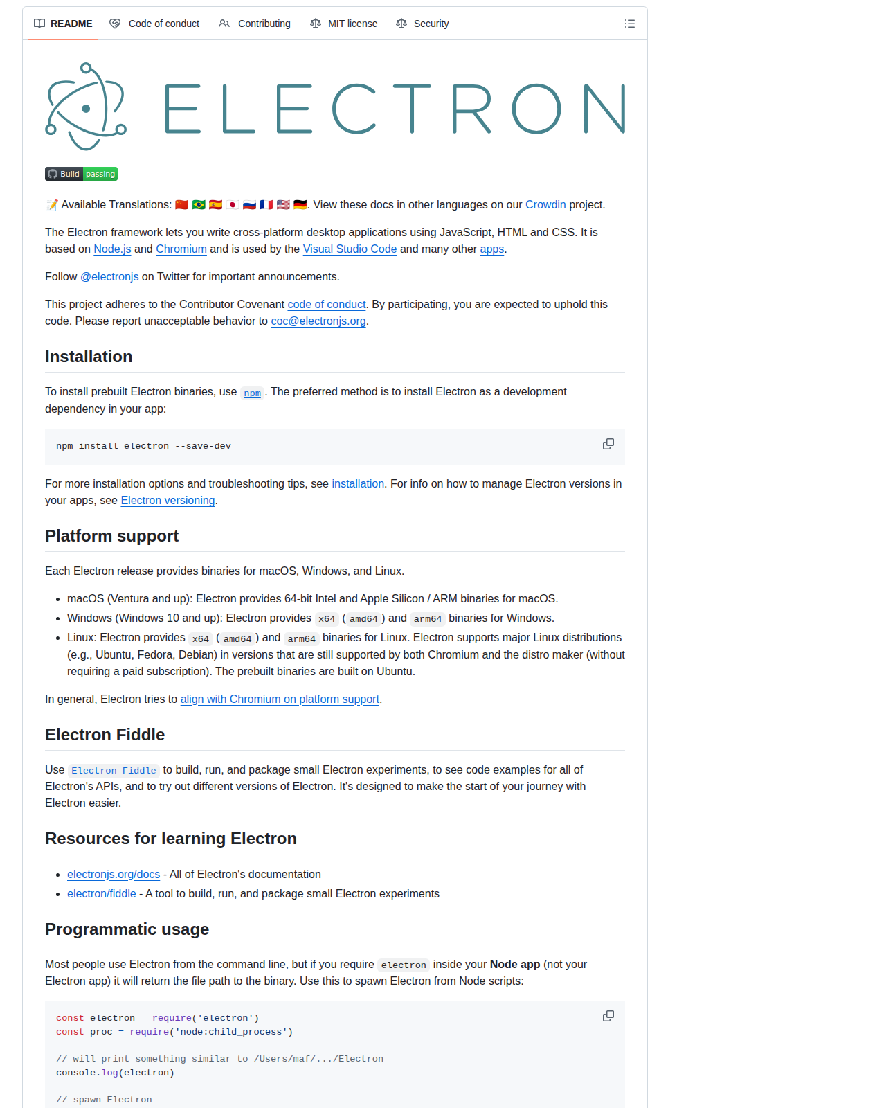 Electron 的 GitHub 儲存庫 README 開頭,顯示 Electron 標誌與專案名稱,以及「The Electron framework lets you write cross-platform desktop applications using JavaScript, HTML and CSS」的定位說明,並標示底層基於 Node.js 與 Chromium