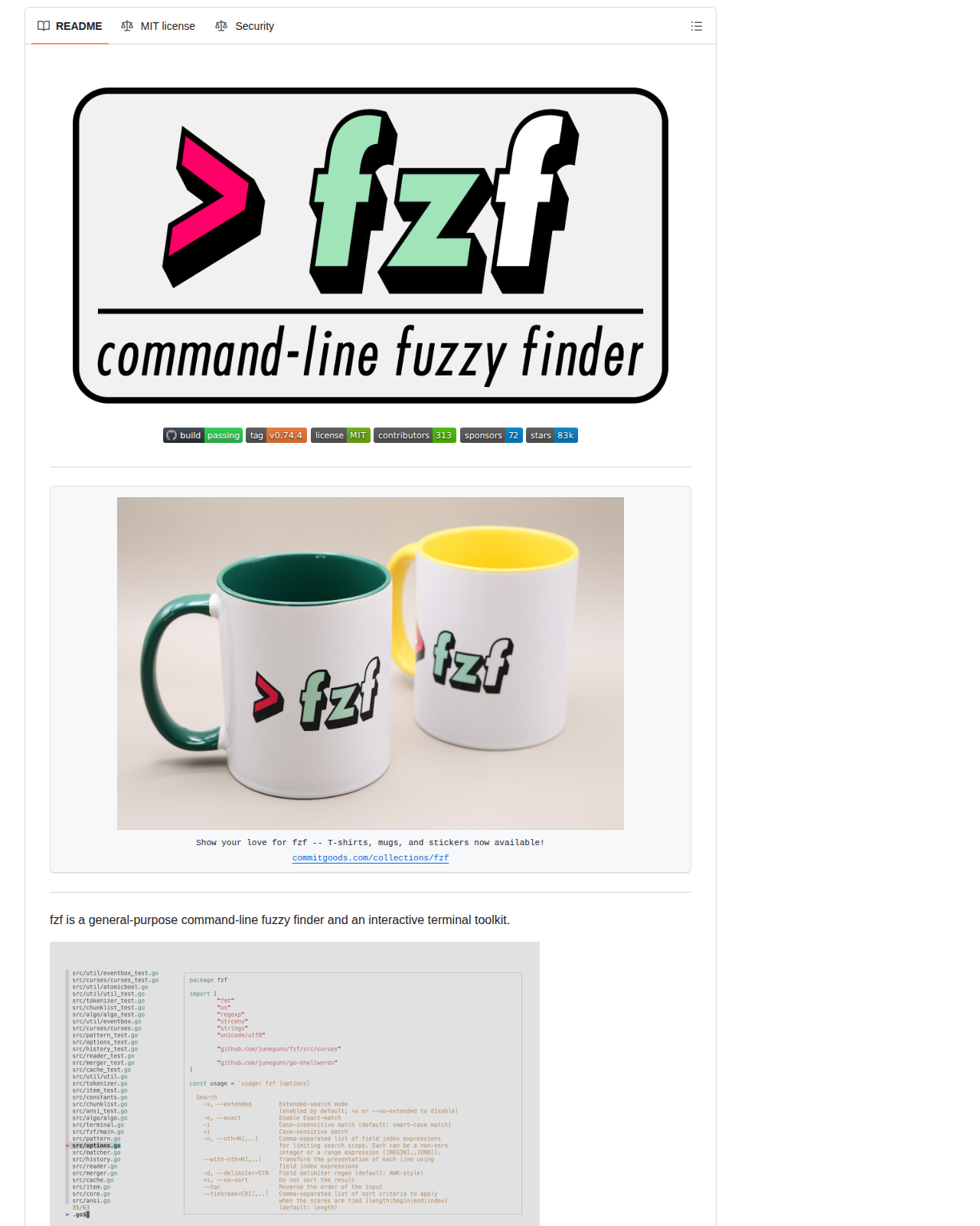 fzf README 開頭(項目名稱、模糊搜尋器定位說明、MIT 授權徽章與週邊商品公告)