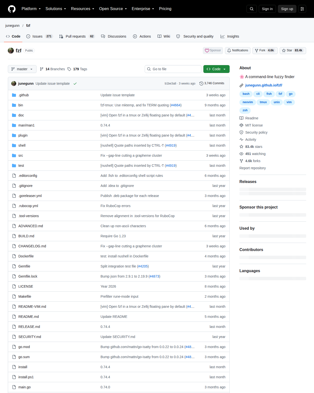 fzf GitHub 首頁頂部(儲存庫名稱、8.3 萬星標數字、3,746 次提交與 Topics 標籤)