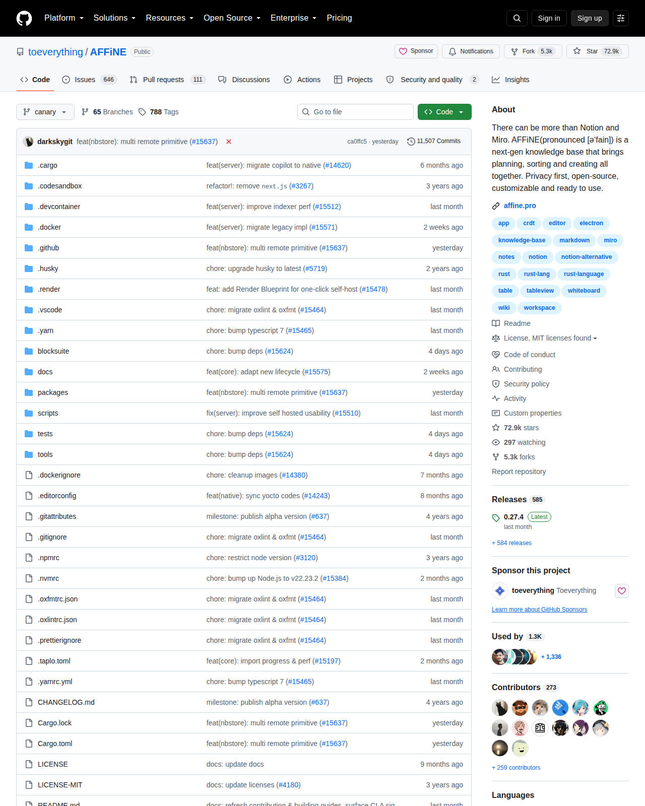 toeverything/AFFiNE GitHub 首頁頂部（儲存庫名稱、星標數、分支數與專案描述）