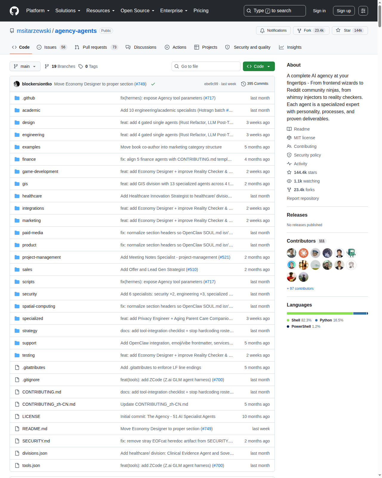 Agency Agents GitHub 首頁頂部(repo 名稱 msitarzewski/agency-agents + 144,431 Star 數量 + 項目描述)