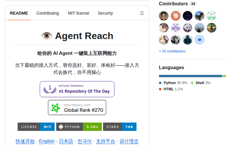 Agent Reach README 開頭(項目名稱「Agent Reach」H1 大字 + 標語「给你的 AI Agent 一键装上互联网能力」+ GitHub Trending 單日第一徽章 + MIT/Python 徽章)