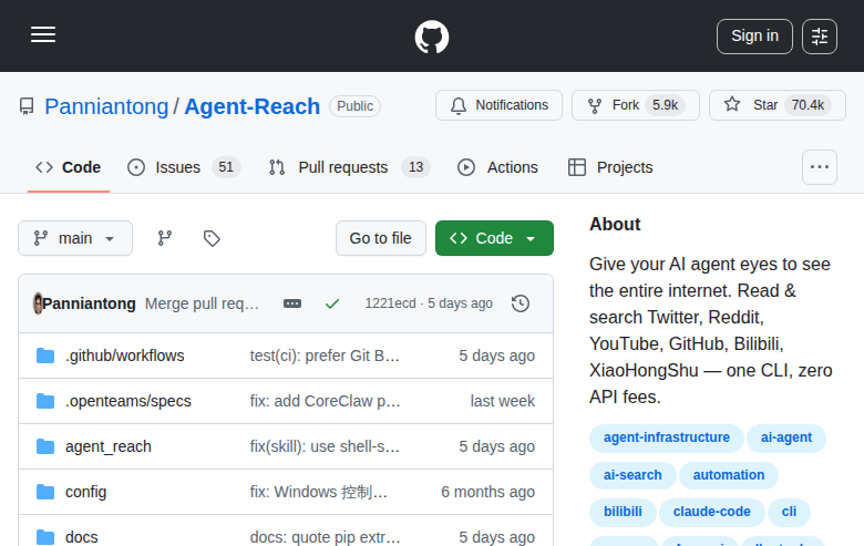 Agent Reach GitHub 首頁頂部(repo 名稱 Panniantong/Agent-Reach + 70.4k Star 數 + 5.9k Fork 數 + 項目描述「Give your AI agent eyes to see the entire internet」+ Topics 標籤)