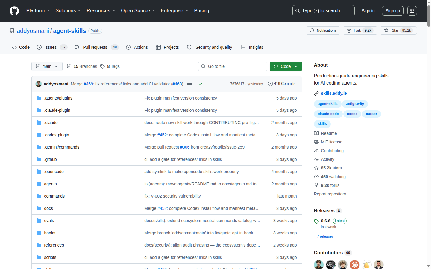 Agent Skills GitHub 首頁頂部(repo 名 addyosmani/agent-skills + 85.2k stars + 項目描述)