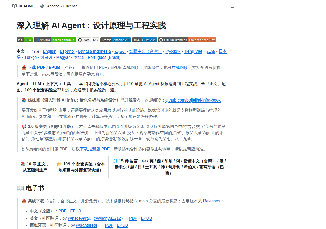 bojieli/ai-agent-book README 開頭(專案名稱《深入理解 AI Agent》、核心公式與多語言連結)