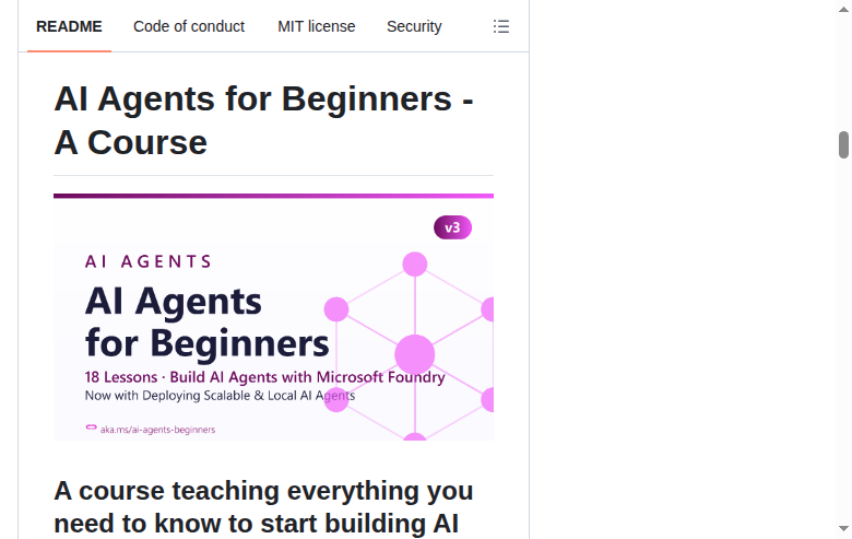 Microsoft AI Agents for Beginners README 開頭(課程 H1 大字 + 定位描述)