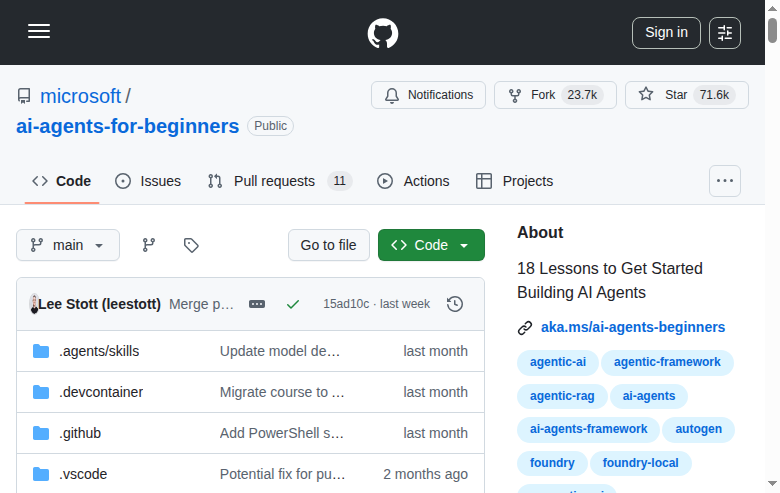 Microsoft AI Agents for Beginners GitHub 主頁(repo 名 + 71.6k stars + 項目描述)