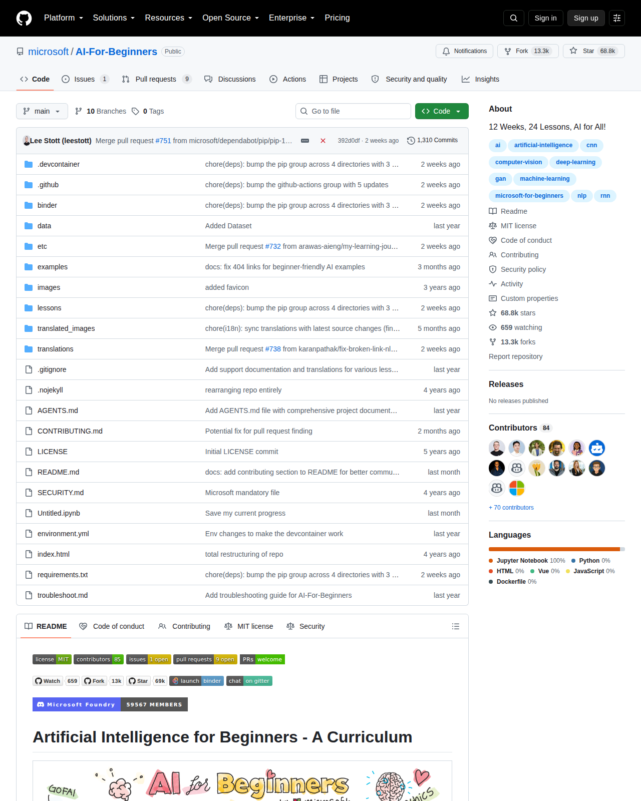 microsoft/AI-For-Beginners GitHub 首頁頂部(repo 名稱、68.8k 星標、13.3k 分支與「12 Weeks, 24 Lessons, AI for All!」描述)