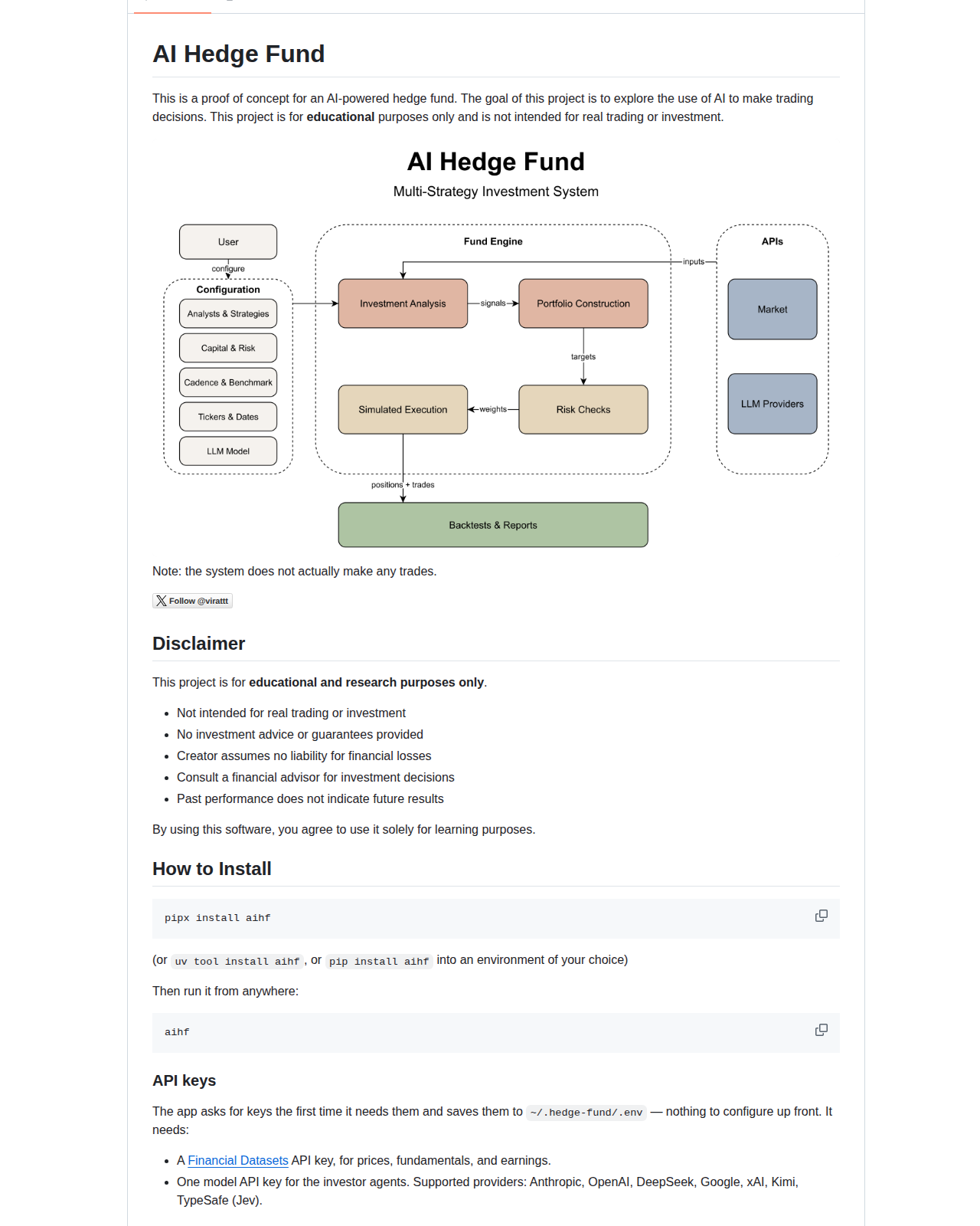 AI Hedge Fund README 開頭(專案名稱與定位說明,載明僅供教育與研究用途)