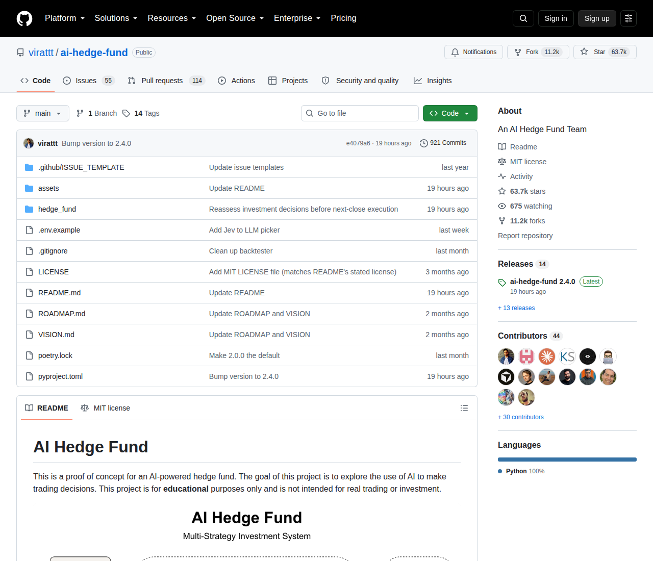 AI Hedge Fund GitHub About 側欄(63.7k 星標、11.2k 分支、675 位關注者與 44 位貢獻者)