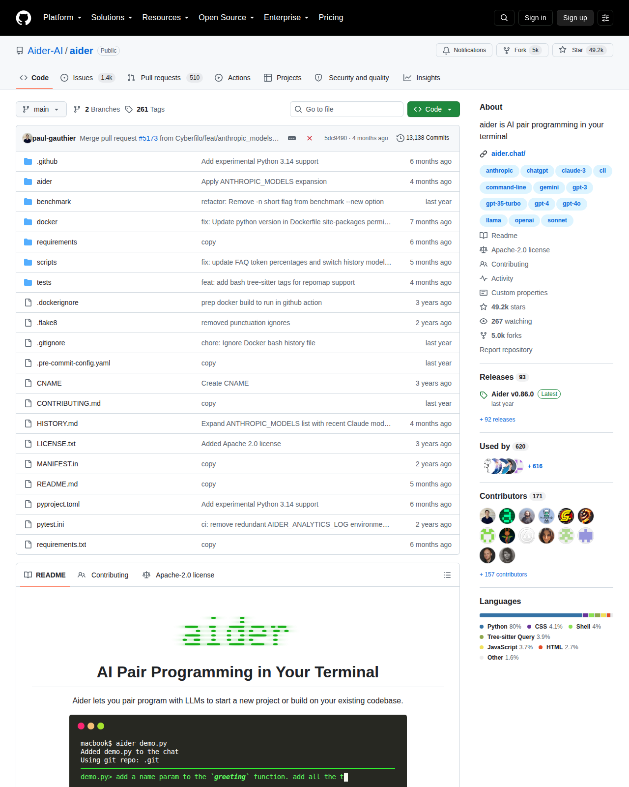 Aider GitHub 儲存庫頁面頂部(儲存庫名稱 Aider-AI/aider、星標數 49.2k 與 Python 語言標示)