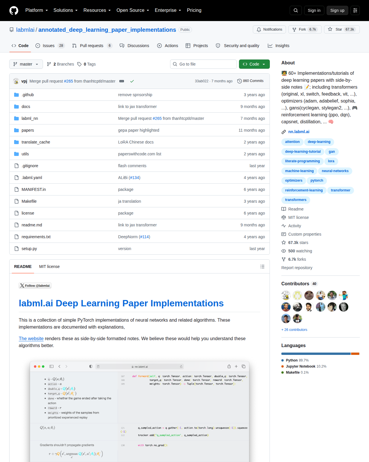 labmlai/annotated_deep_learning_paper_implementations GitHub 首頁頂部（repo 名 + 67.3k 星標 + 6.7k Forks + 項目描述「60+ Implementations/tutorials of deep learning papers with side-by-side notes」+ MIT 授權 + Python 89.7% 與 Jupyter Notebook 10.2%）