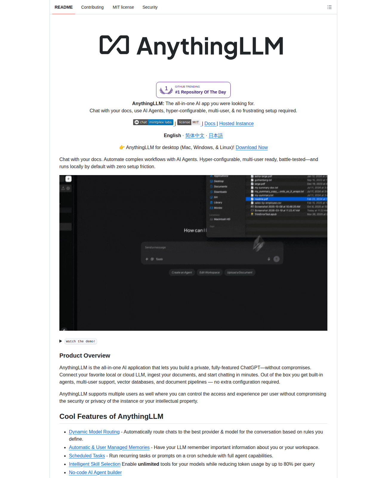 AnythingLLM README 開頭(項目名稱「AnythingLLM」大字標誌 + GitHub Trending 第 1 名徽章 + 「The all-in-one AI app you were looking for」標語 + 功能介紹開頭段落)