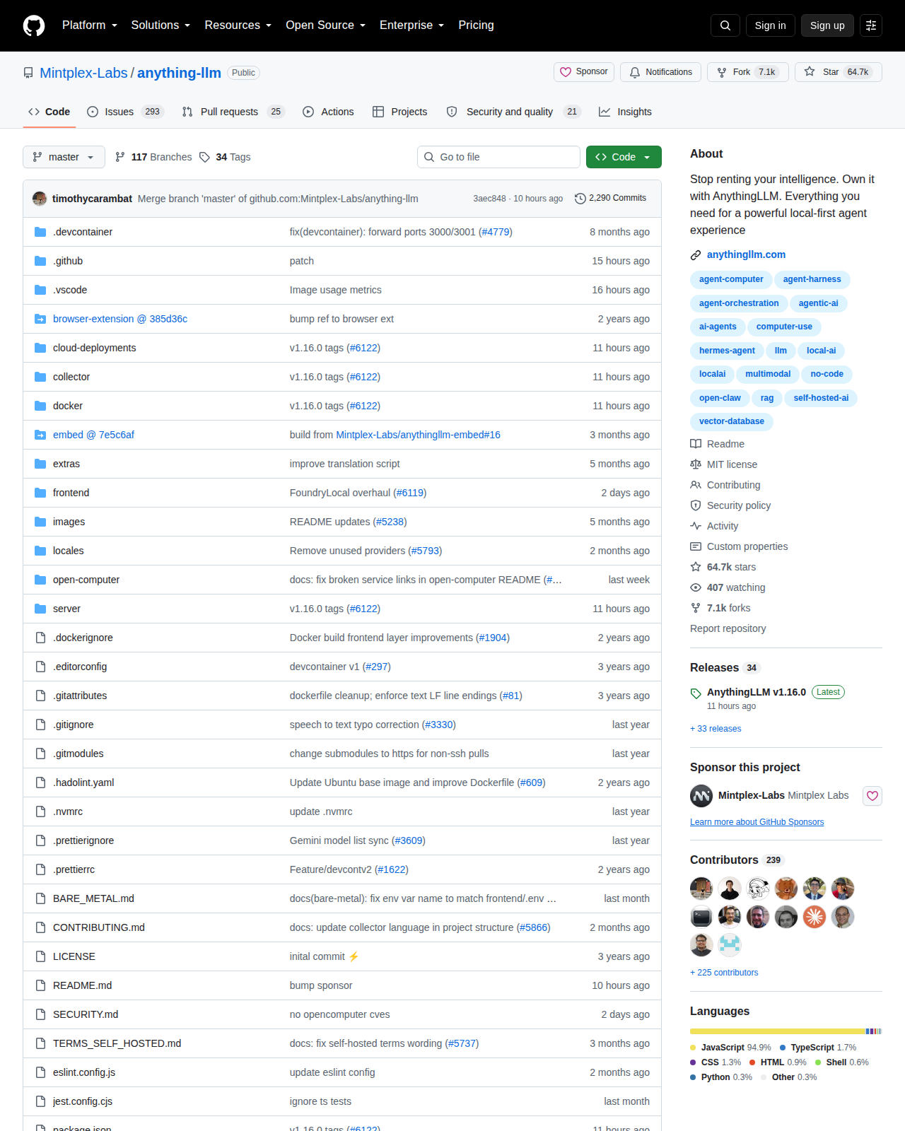 AnythingLLM GitHub 首頁頂部(repo 名稱「Mintplex-Labs/anything-llm」+ Star 數量 64.7k + Fork 數量 7.1k + 項目描述「Stop renting your intelligence. Own it with AnythingLLM」+ Topics 標籤)