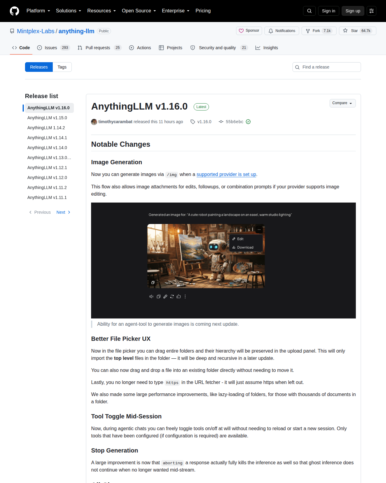 AnythingLLM GitHub Releases 頁面(最新版本 v1.16.0 於 11 小時前發佈 + 版本發行說明列出圖像生成、檔案選擇器改善、工具中段切換與中止生成等更新)