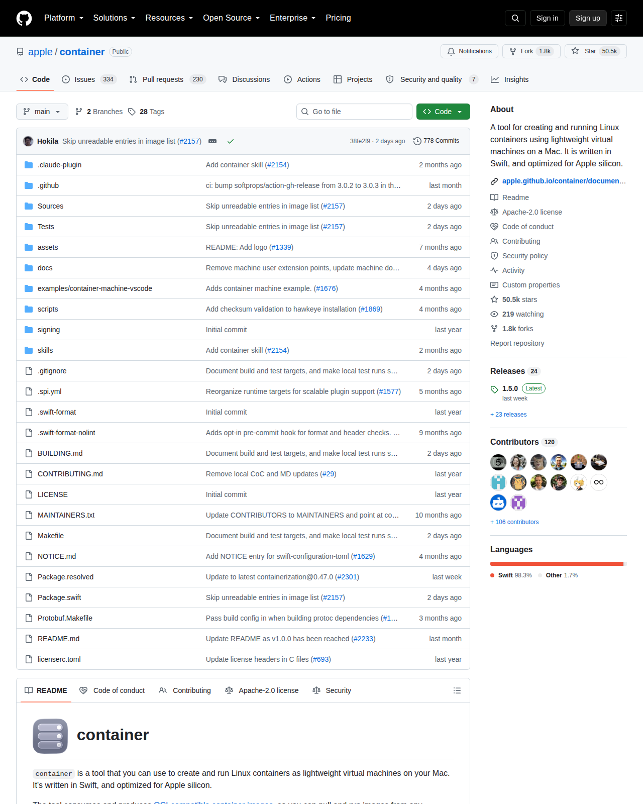 apple/container 的 GitHub 儲存庫首頁頂部,顯示儲存庫名稱 apple/container、50.5k 顆星標、1.8k 次複製、主要語言 Swift 與檔案清單