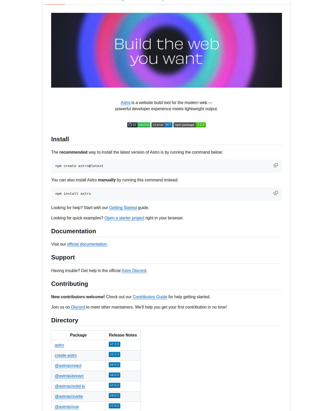 Astro README 開頭(橫幅圖「Build the web you want」+ Astro 項目簡介「Astro is a website build tool for the modern web」+ CI 通過、MIT 授權、npm 版本 7.2.2 徽章 + 安裝指令區塊)