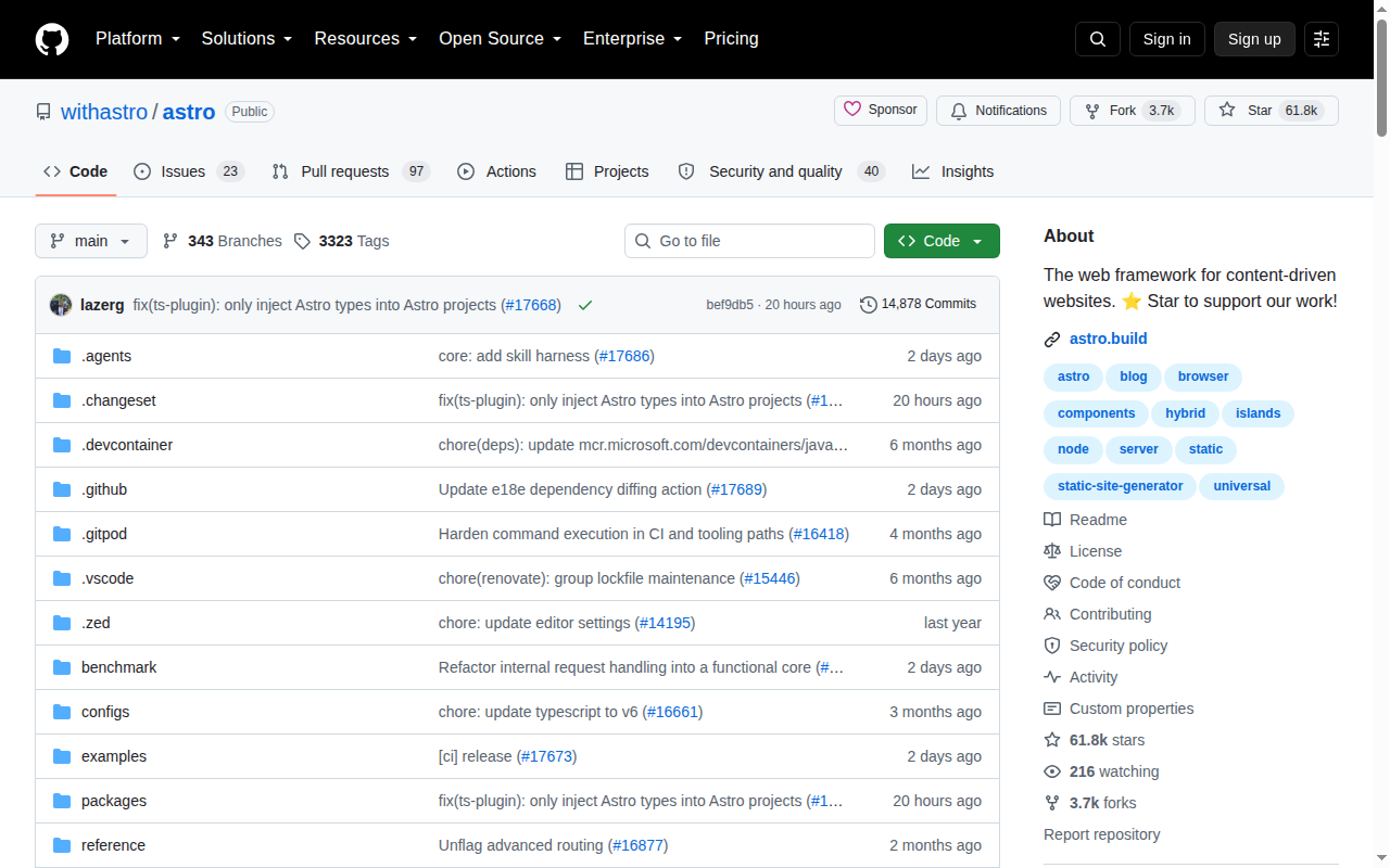 Astro GitHub 首頁頂部(repo 名稱 withastro/astro + Star 61.8k + 描述「The web framework for content-driven websites」+ 主要語言 TypeScript + MIT 授權 + 檔案目錄與最近提交紀錄)