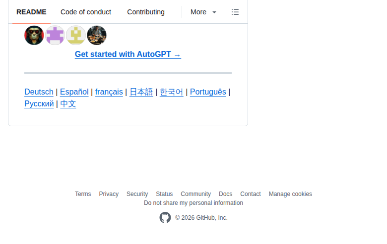 AutoGPT 統計頁面(forks / releases / contributors / languages)