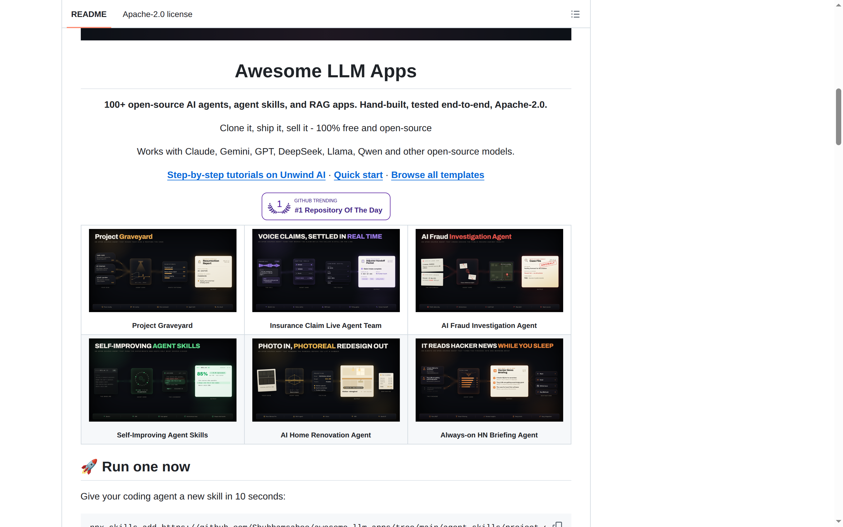 Awesome LLM Apps README 開頭(項目 H1 大字 + 定位描述)