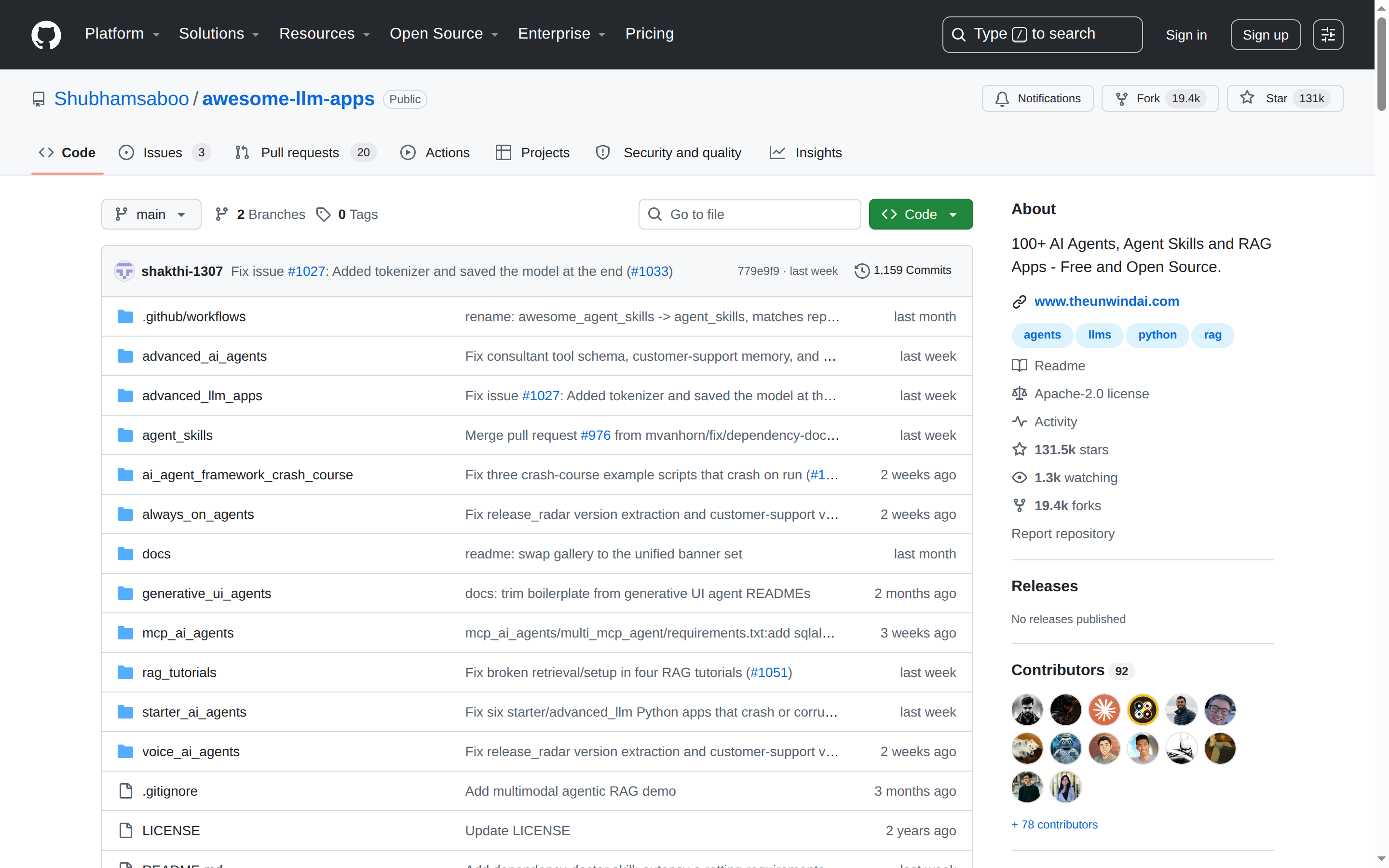 Awesome LLM Apps GitHub 主頁(repo 名 + 131k stars + 項目描述)
