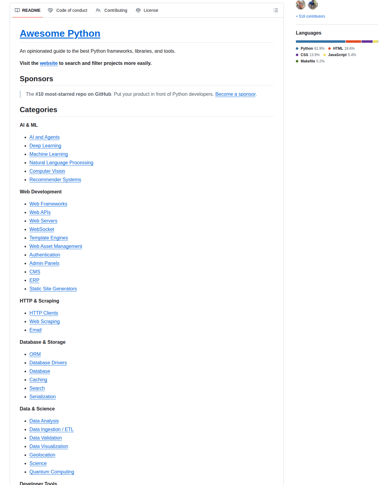 Awesome Python 的 GitHub README 開頭,顯示專案標題 Awesome Python、副標語 opinionated guide to the best Python frameworks, libraries, and tools,以及造訪官網搜尋與篩選的提示