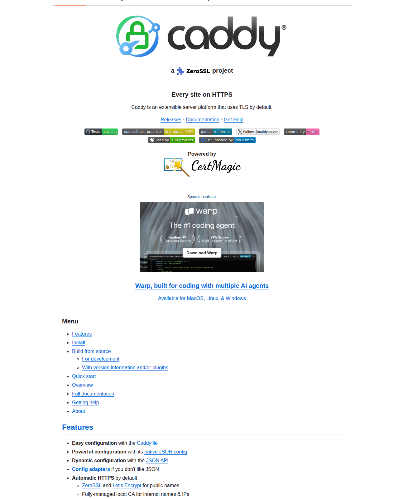 Caddy 的 GitHub 儲存庫 README 開頭,顯示 Caddy 標誌、ZeroSSL 專案字樣、Every site on HTTPS 標語,以及自動 HTTPS、Caddyfile 設定等特性說明