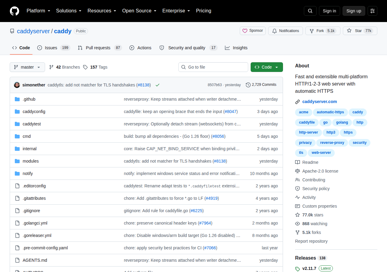 Caddy 的 GitHub 儲存庫首頁頂部,顯示 repo 名稱 caddyserver/caddy、Public 標記、repo 描述、76.9k 星標、868 位關注者,以及最新版本 v2.11.7