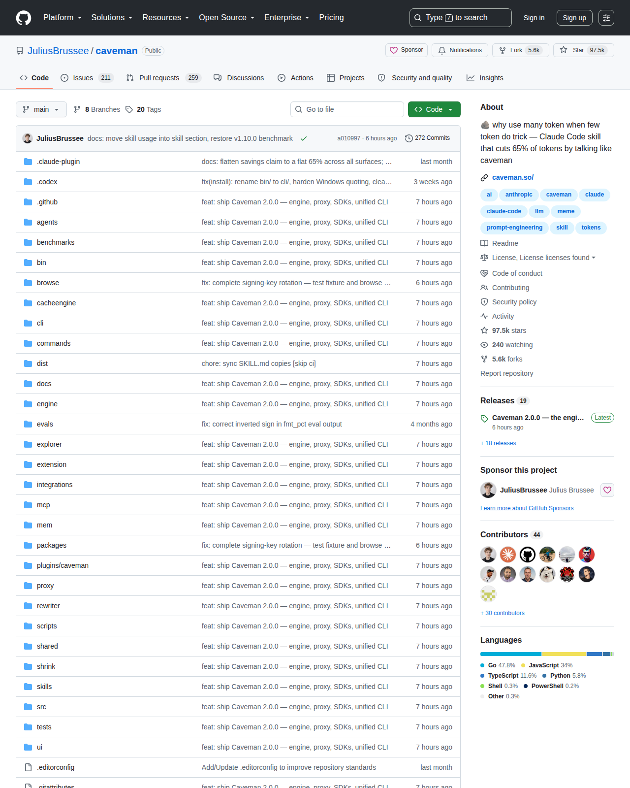 Caveman GitHub 首頁頂部(repo 名稱「JuliusBrussee/caveman」+ 97.5k 星標 + 5.6k Forks + 描述「why use many token when few do trick — Claude Code skill that cuts 65% of tokens」+ 主要語言 Go)