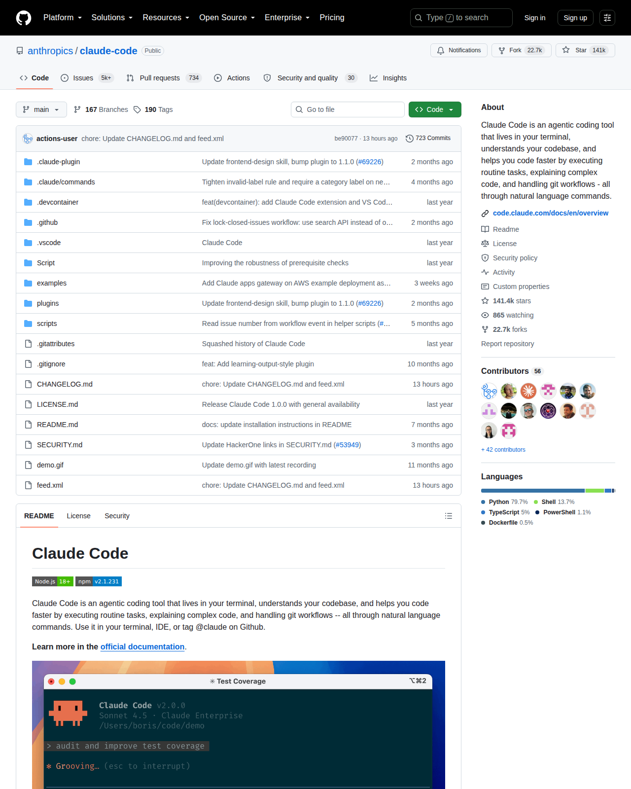 Claude Code GitHub 首頁頂部(repo 名 + Star 數 141k + 官方描述)
