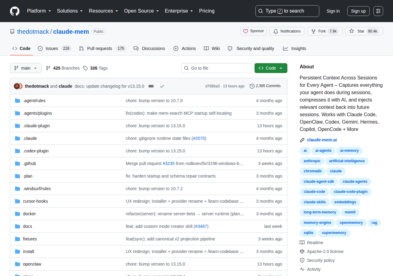 claude-mem GitHub 首頁頂部(repo 名 thedotmack/claude-mem + Star 數 90.4k + 描述「Persistent Context Across Sessions for Every Agent」+ Apache-2.0 授權 + topics)