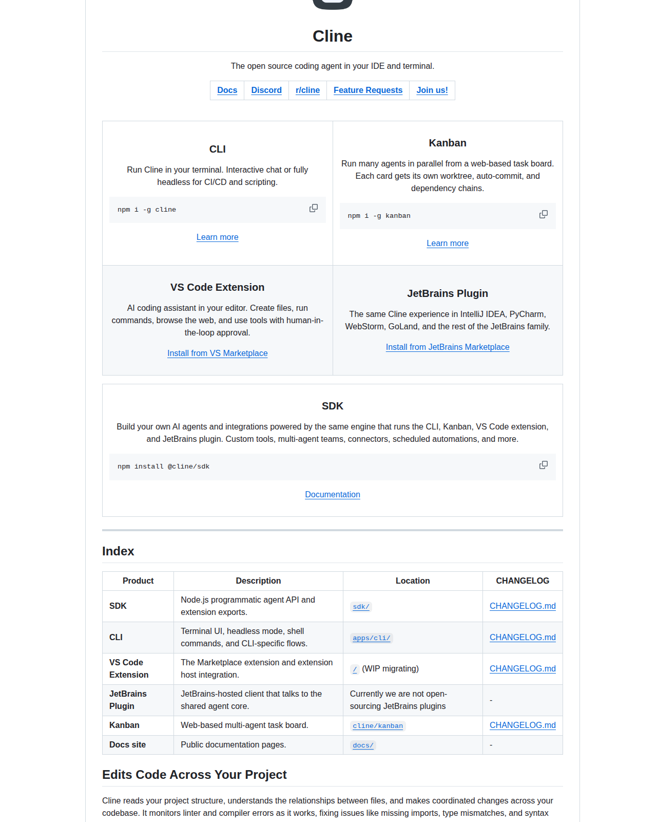 Cline README 開頭截圖,顯示項目名稱 Cline、標語 The open source coding agent in your IDE and terminal,以及 CLI、Kanban、VS Code 擴展、JetBrains 插件與 SDK 的功能介紹卡片