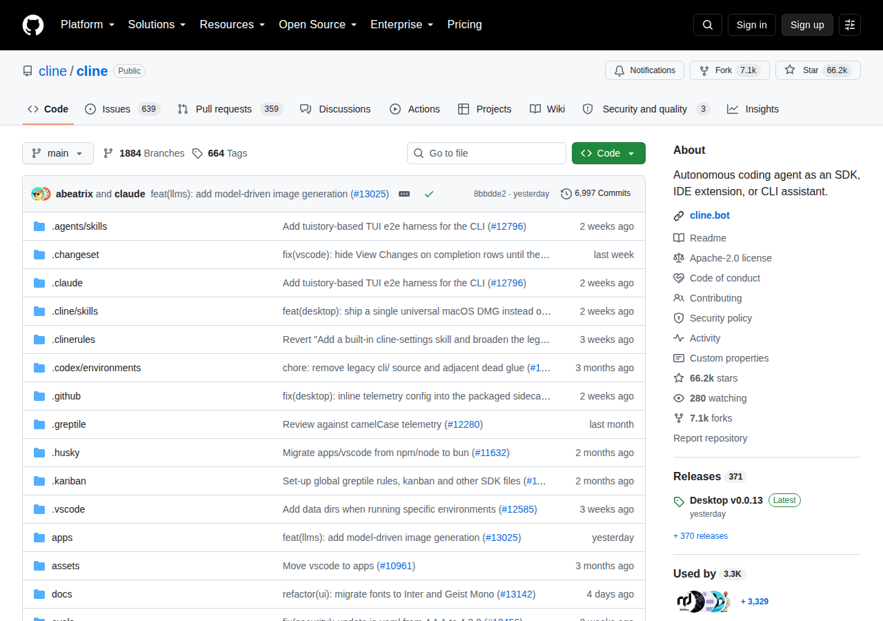 Cline GitHub 首頁頂部截圖,顯示 repo 名稱 cline/cline、星標數 66.2k、分支數 7.1k、Apache-2.0 許可證與項目描述 Autonomous coding agent as an SDK, IDE extension, or CLI assistant