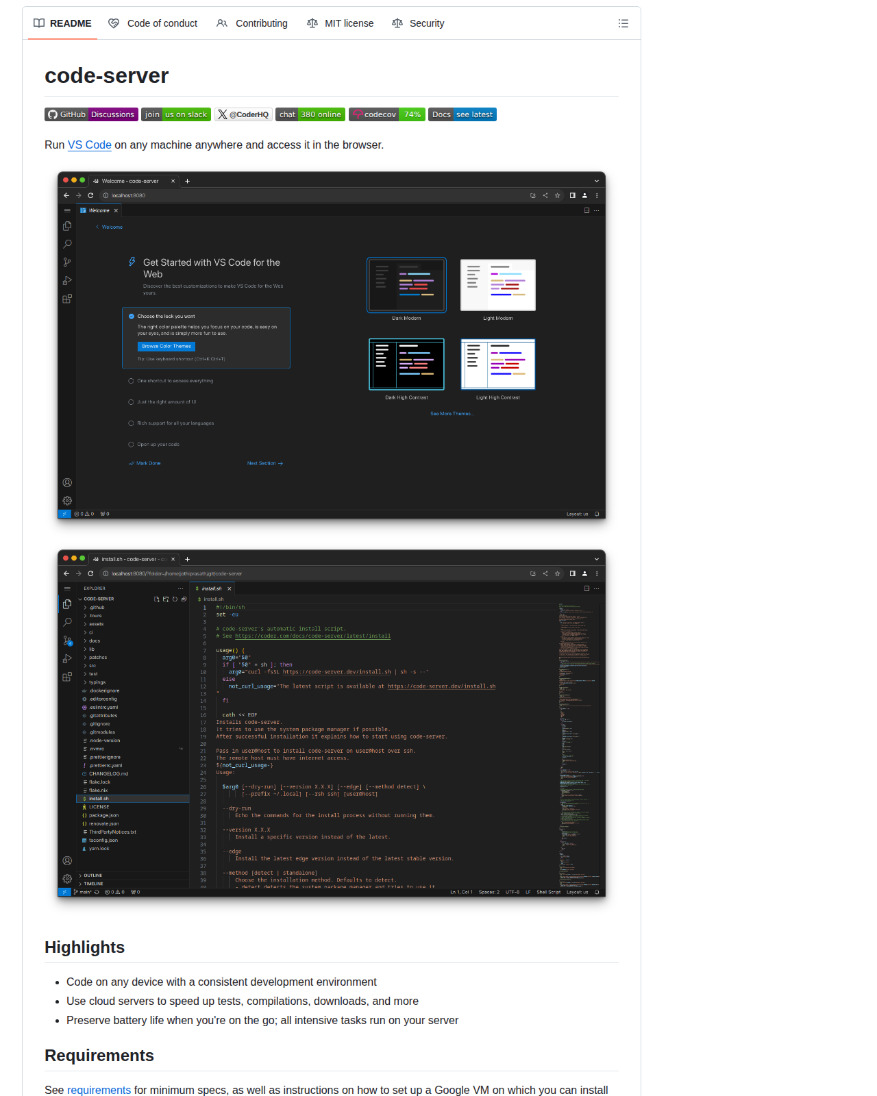 code-server 的 GitHub 儲存庫 README 開頭,顯示 code-server 標題、GitHub Discussions 與 Slack 徽章,以及「Run VS Code on any machine anywhere and access it in the browser」說明與兩張介面截圖