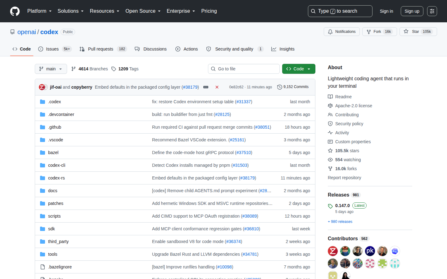 OpenAI Codex GitHub 首頁頂部(repo 名稱「openai/codex」+ 105k 星標 + 16k Forks + 描述「Lightweight coding agent that runs in your terminal」+ Apache-2.0 許可標籤 + Rust 語言標籤)