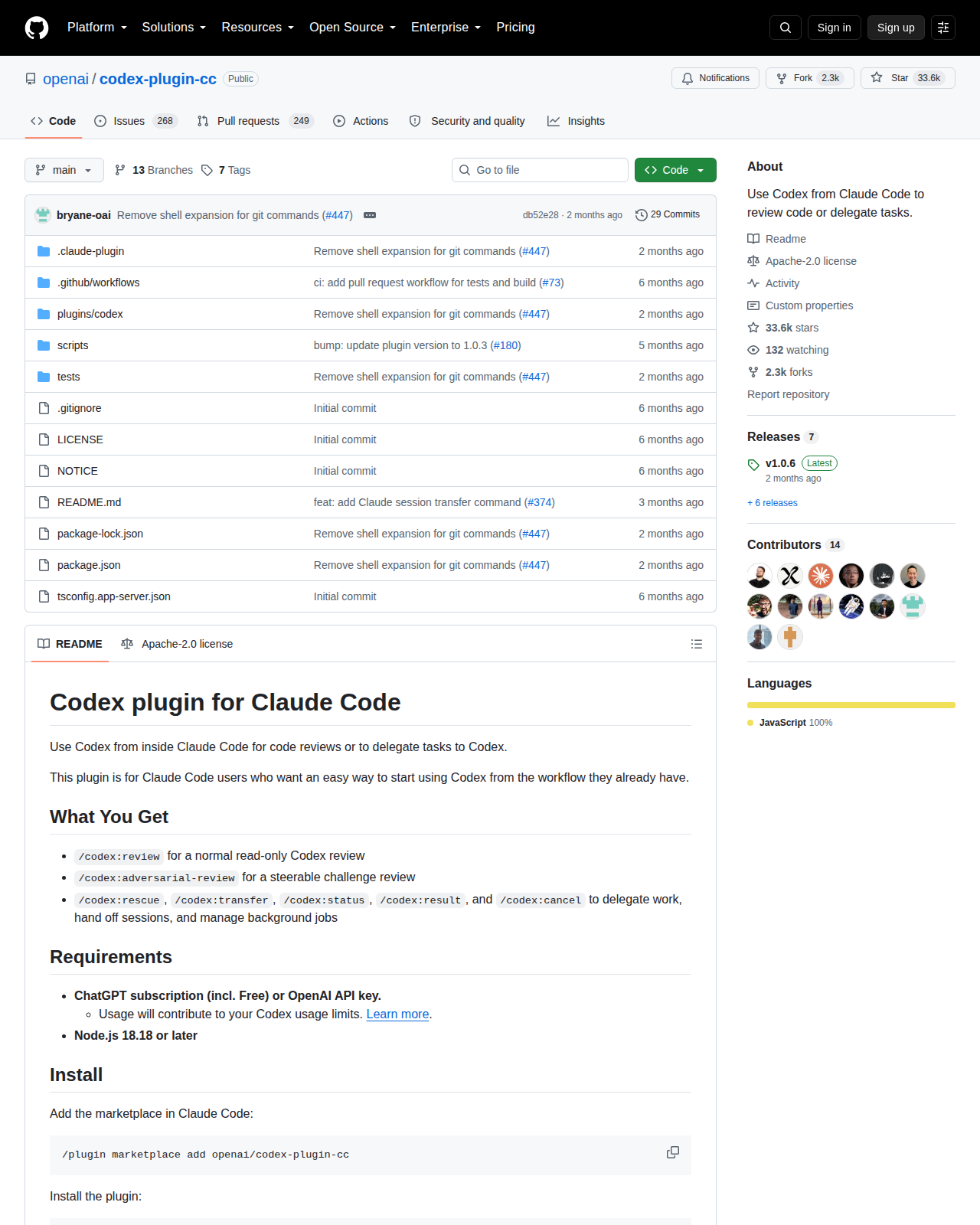 Codex 插件的 GitHub 儲存庫首頁頂部(顯示 repo 名稱 openai/codex-plugin-cc、星標數與專案描述)
