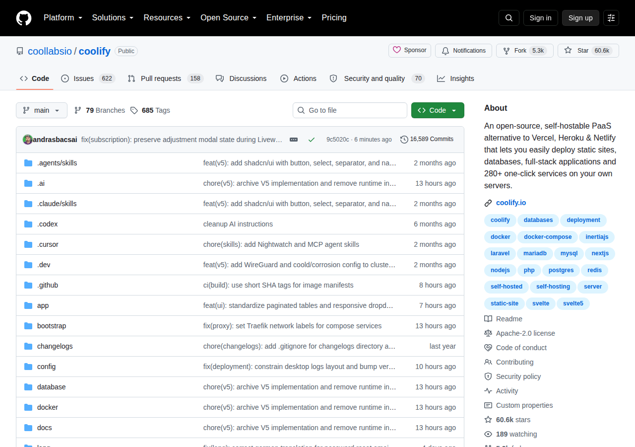 Coolify GitHub 首頁頂部（repo 名稱「coollabsio / coolify」+ 60.6k 星標 + 5.3k Forks + 描述「An open-source, self-hostable PaaS alternative to Vercel, Heroku & Netlify」+ 主要語言 PHP + Apache-2.0 授權 + 16,589 Commits）