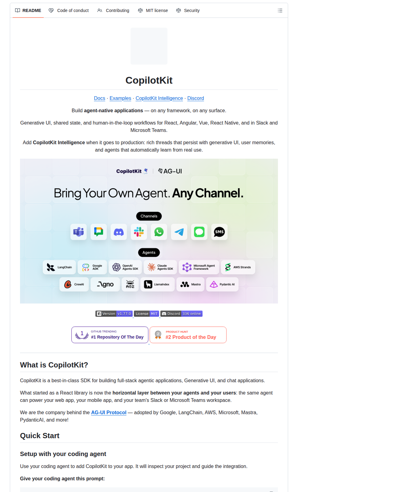 CopilotKit 的 GitHub 儲存庫 README 開頭,顯示專案名稱 CopilotKit、副標題說明可在任何框架與任何介面建構代理原生應用,並列出文件、範例與 Discord 連結