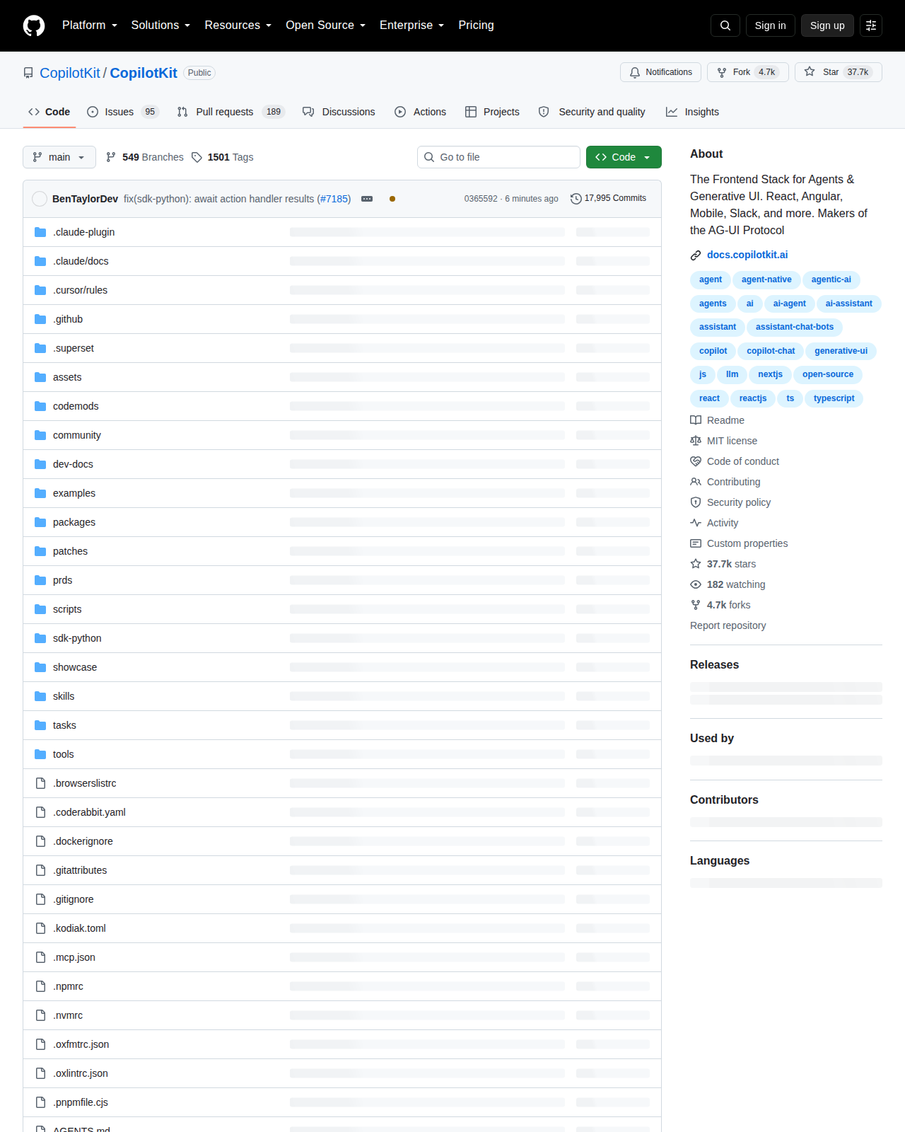 CopilotKit 的 GitHub 儲存庫首頁頂部,顯示專案名稱 CopilotKit/CopilotKit、主要語言 TypeScript、37,741 顆星標與 MIT 授權標示
