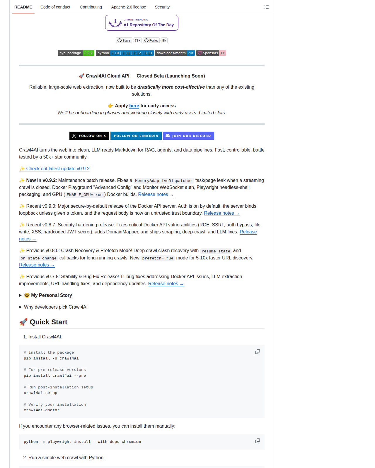 Crawl4AI README 開頭(項目名稱「Crawl4AI: Open-source LLM Friendly Web Crawler & Scraper」+ 標語「把網頁變成乾淨的 LLM 用 Markdown」+ 社群徽章)