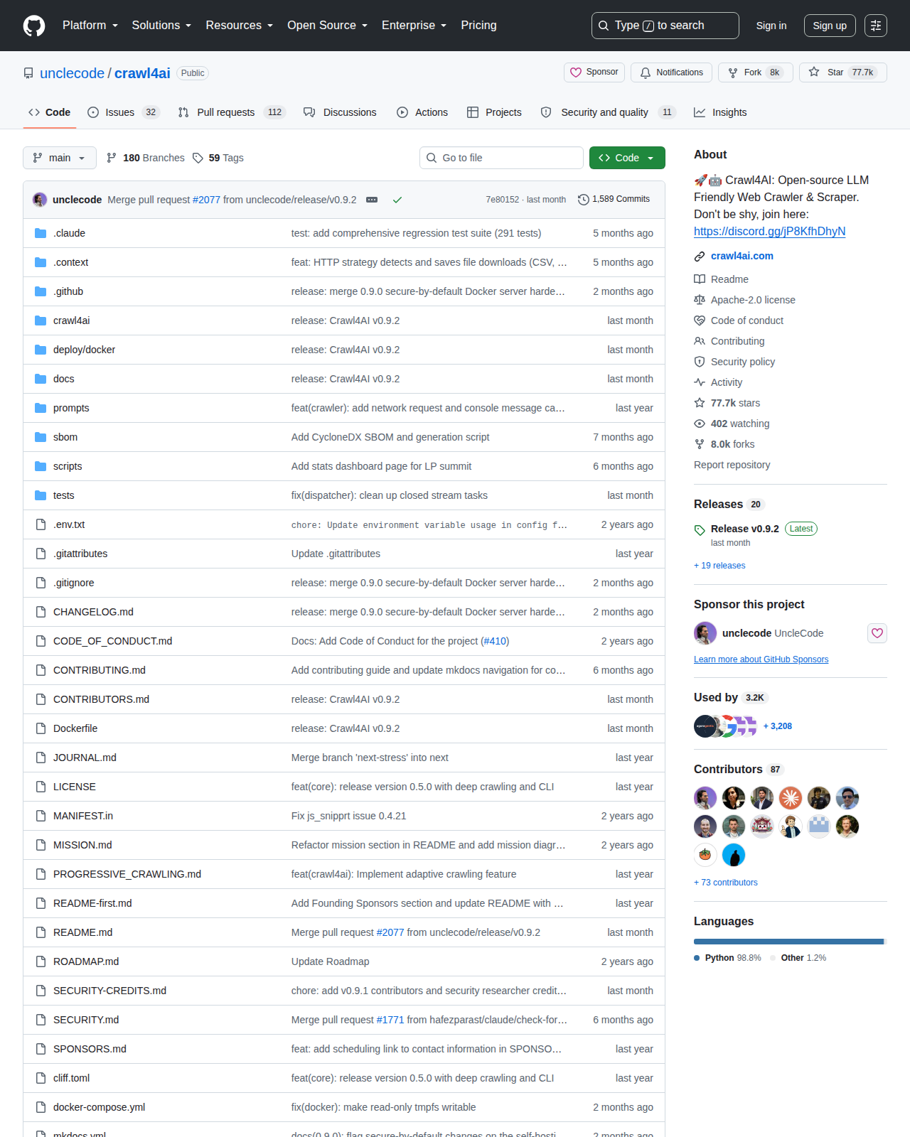 Crawl4AI GitHub 首頁頂部(repo 名稱 unclecode/crawl4ai + 77.7k Star 數 + 8k Fork 數 + 檔案目錄)