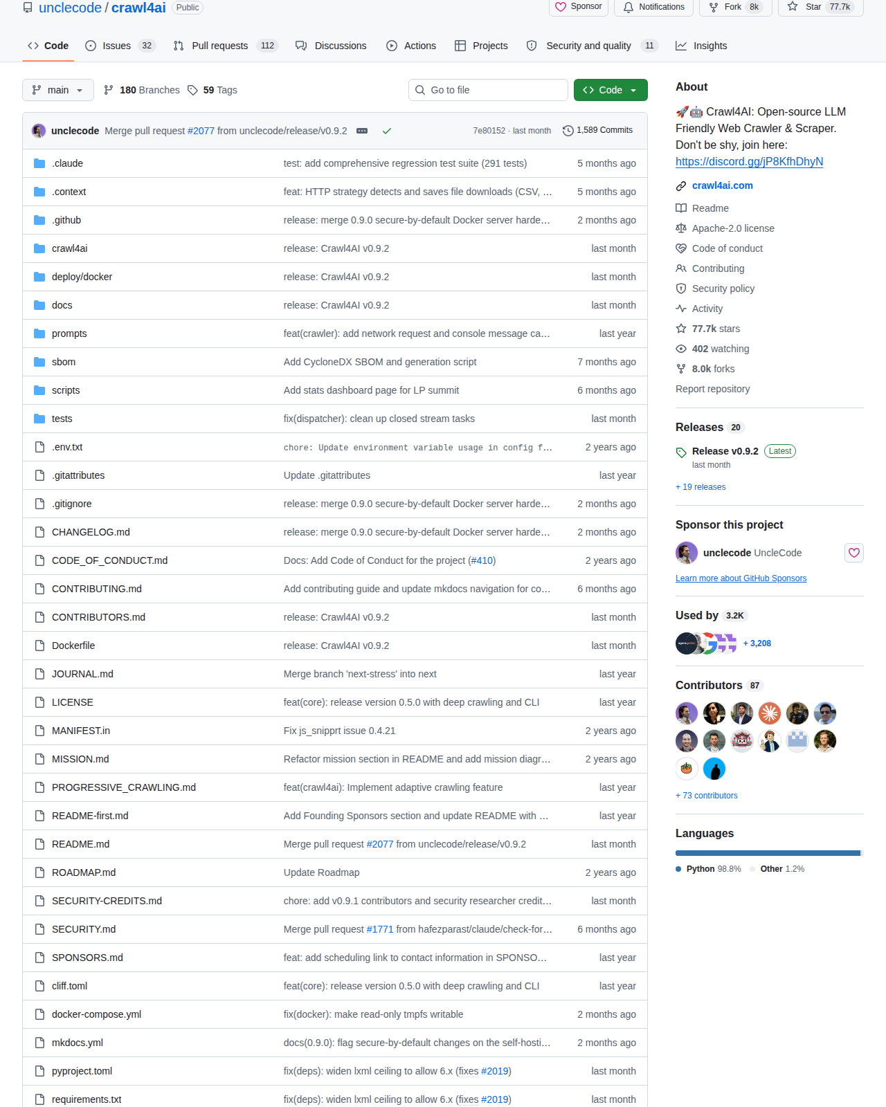 Crawl4AI GitHub 統計側邊欄(77.7k stars、8.0k forks、402 watching、87 位貢獻者、Python 98.8% 語言比例)