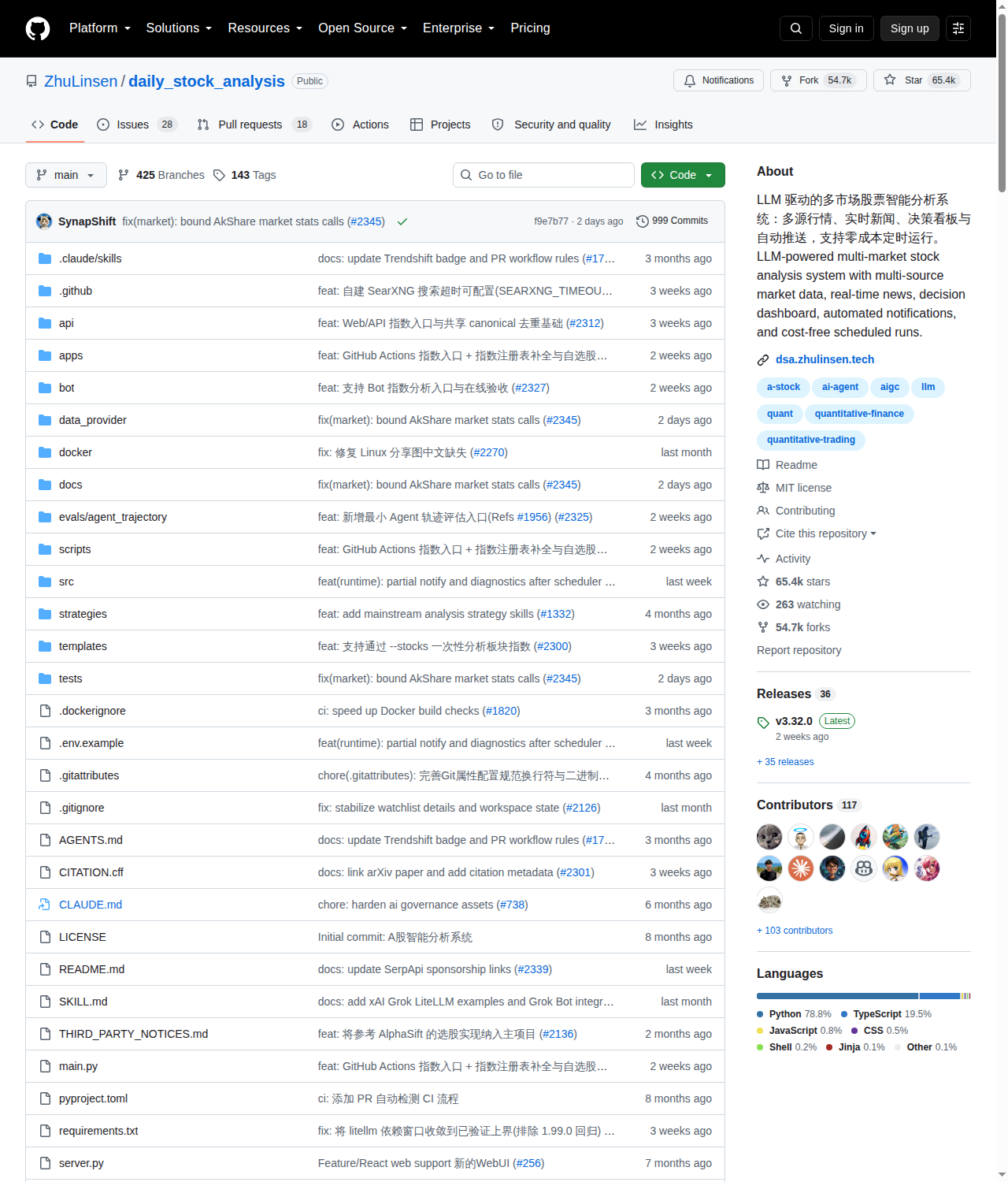 ZhuLinsen/daily_stock_analysis GitHub 首頁頂部(repo 名 ZhuLinsen/daily_stock_analysis、Star 數 65.4k、Fork 數 54.7k、117 位貢獻者與 Python 78.8% 語言比例)