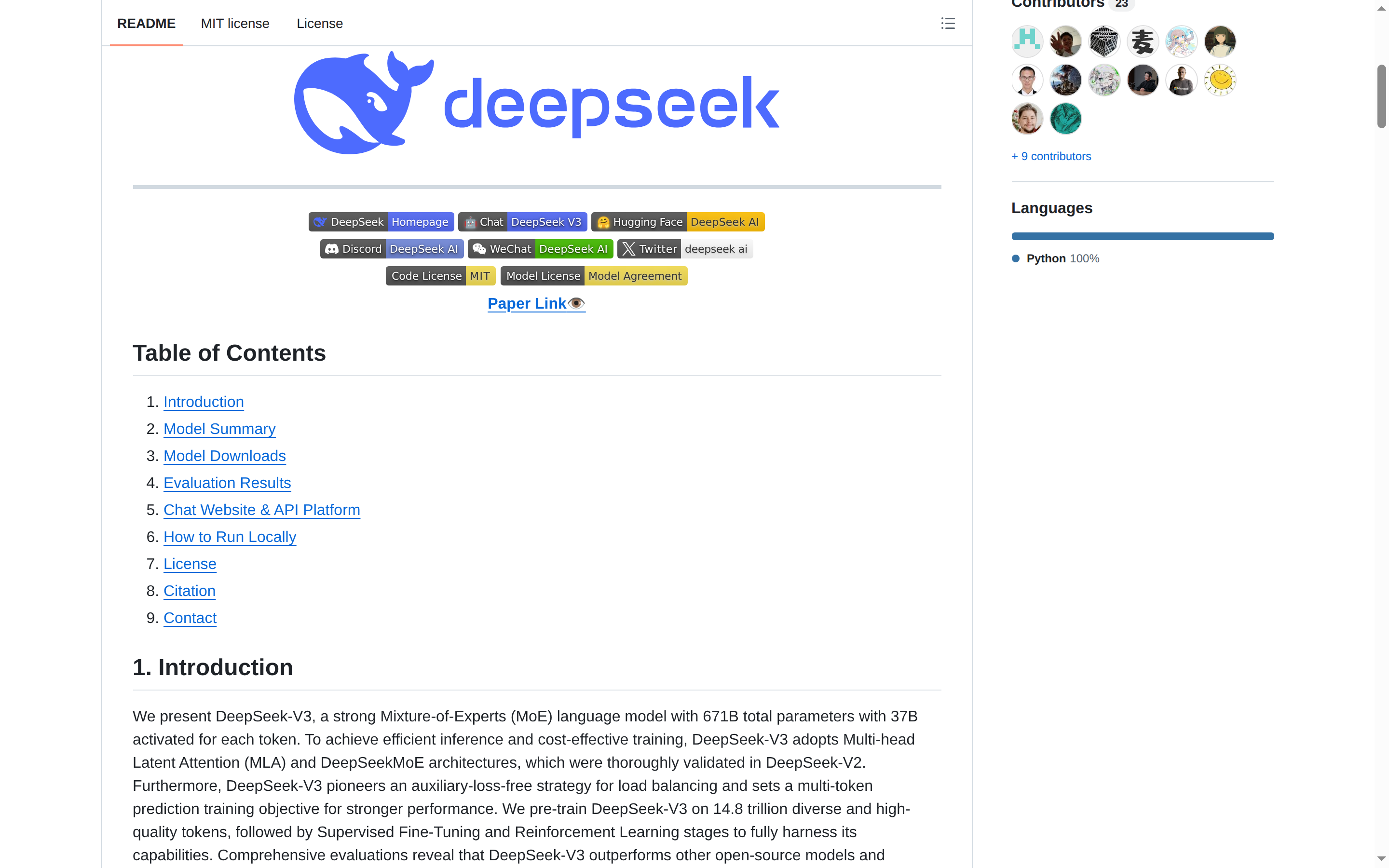 DeepSeek-V3 README 開頭(DeepSeek 標誌與模型資訊)