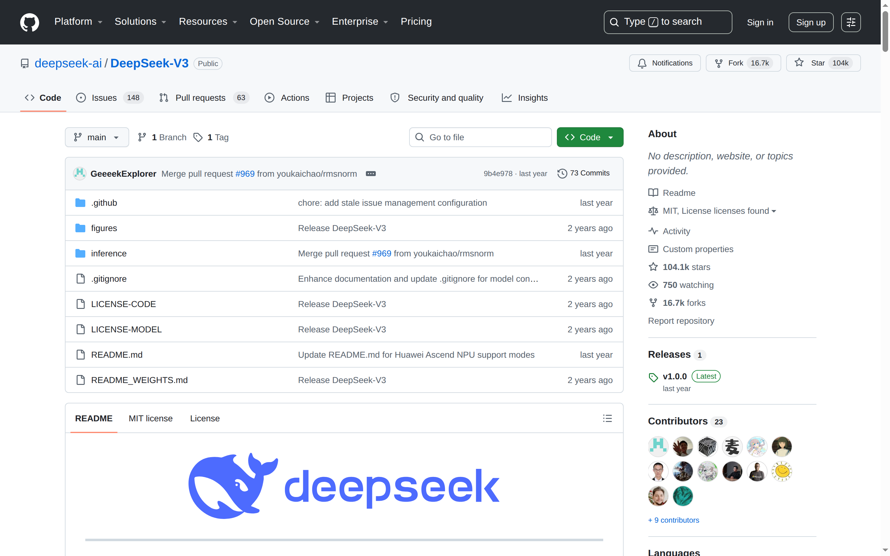 DeepSeek-V3 倉庫首頁(名稱 + 星標 + 復刻數)
