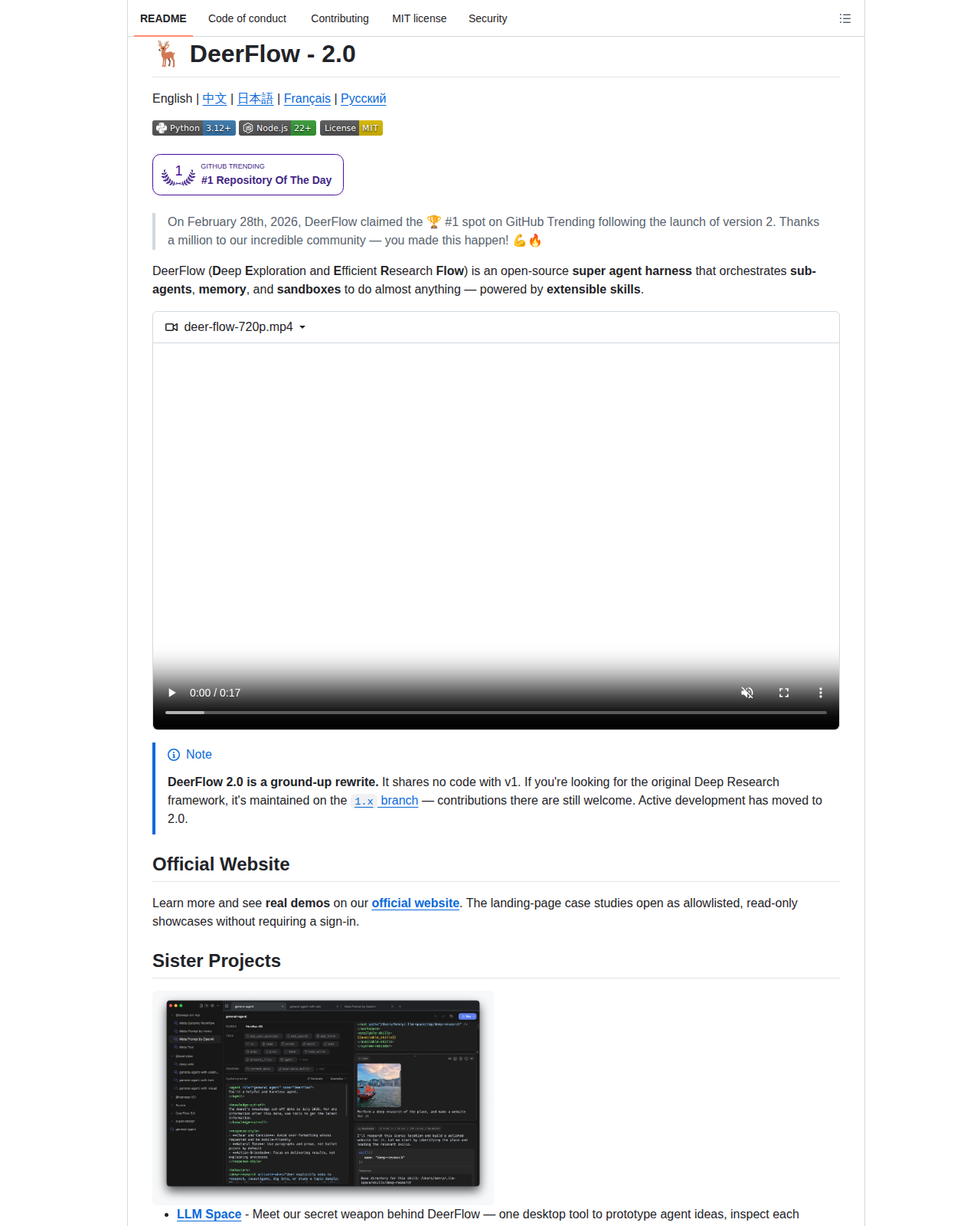DeerFlow README 開頭(項目名稱 DeerFlow 2.0 與標語)